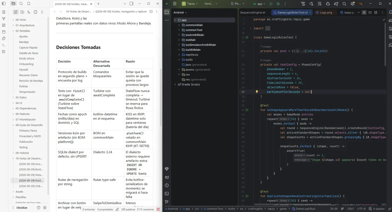 A desk with an Obsidian vault and Android Studio open, showing the project documentation and the code