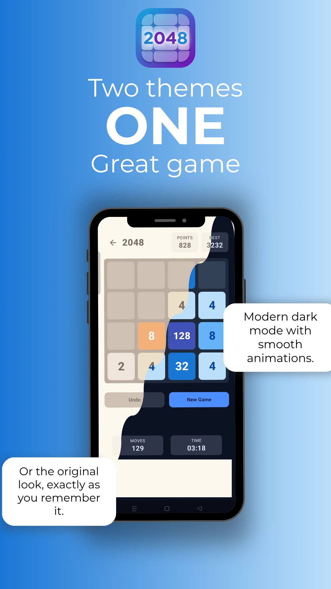 2048 Puzzle with dual theme: Fusion dark mode and the original classic look