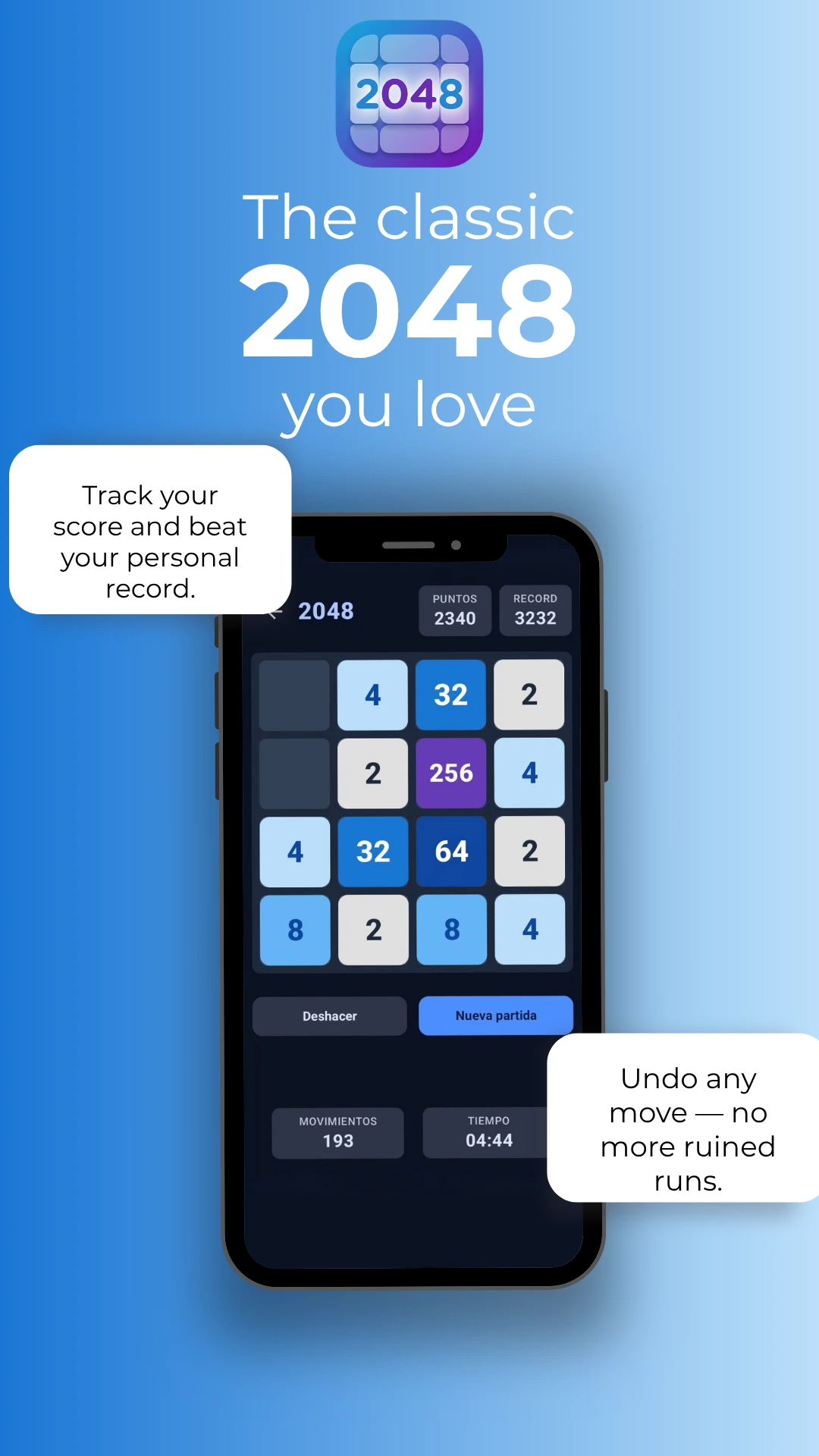 2048 Puzzle game board with score, best score and undo button