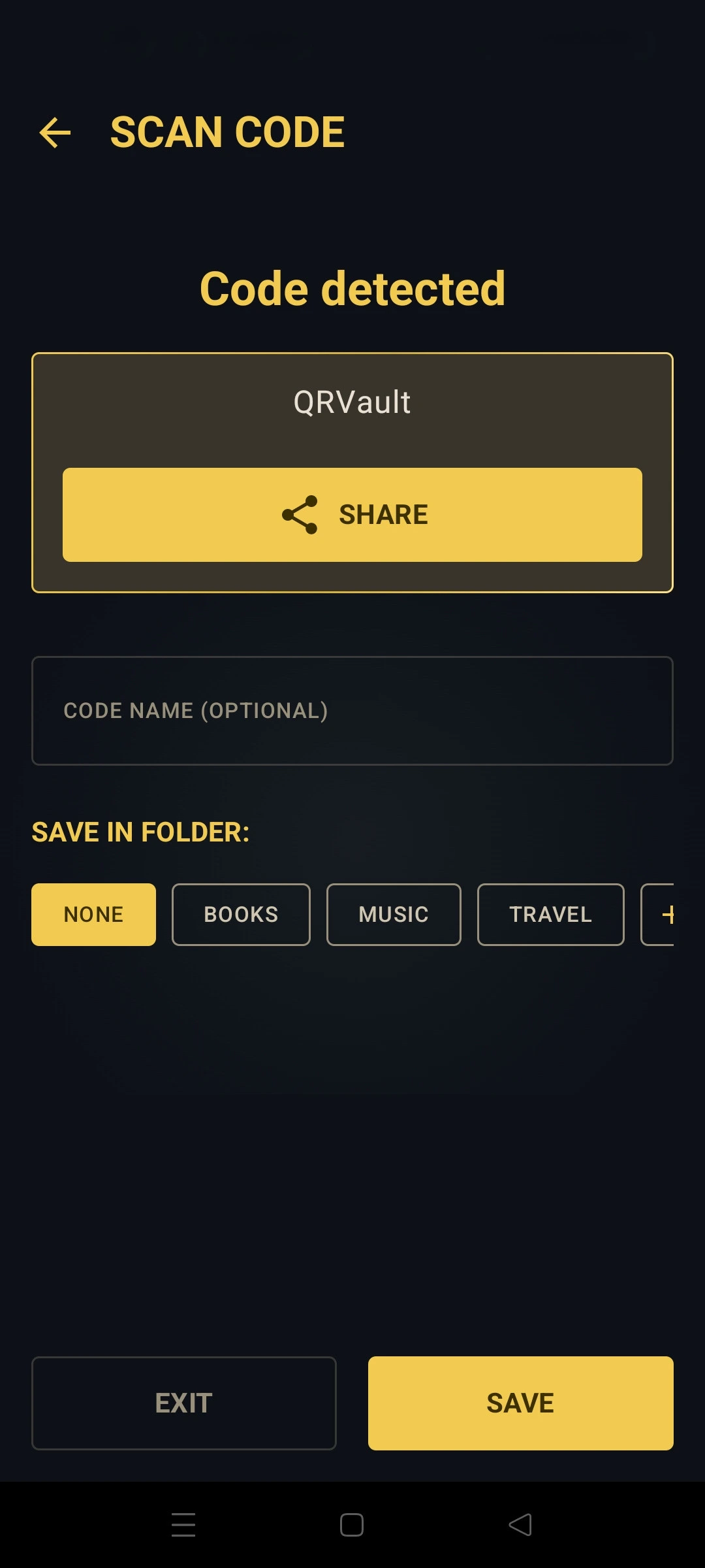 Code detected in QRVault: share, name it, and save it to a folder