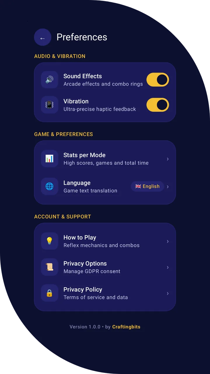 Tapzy settings: sound, vibration, per-mode stats, language, how to play and privacy