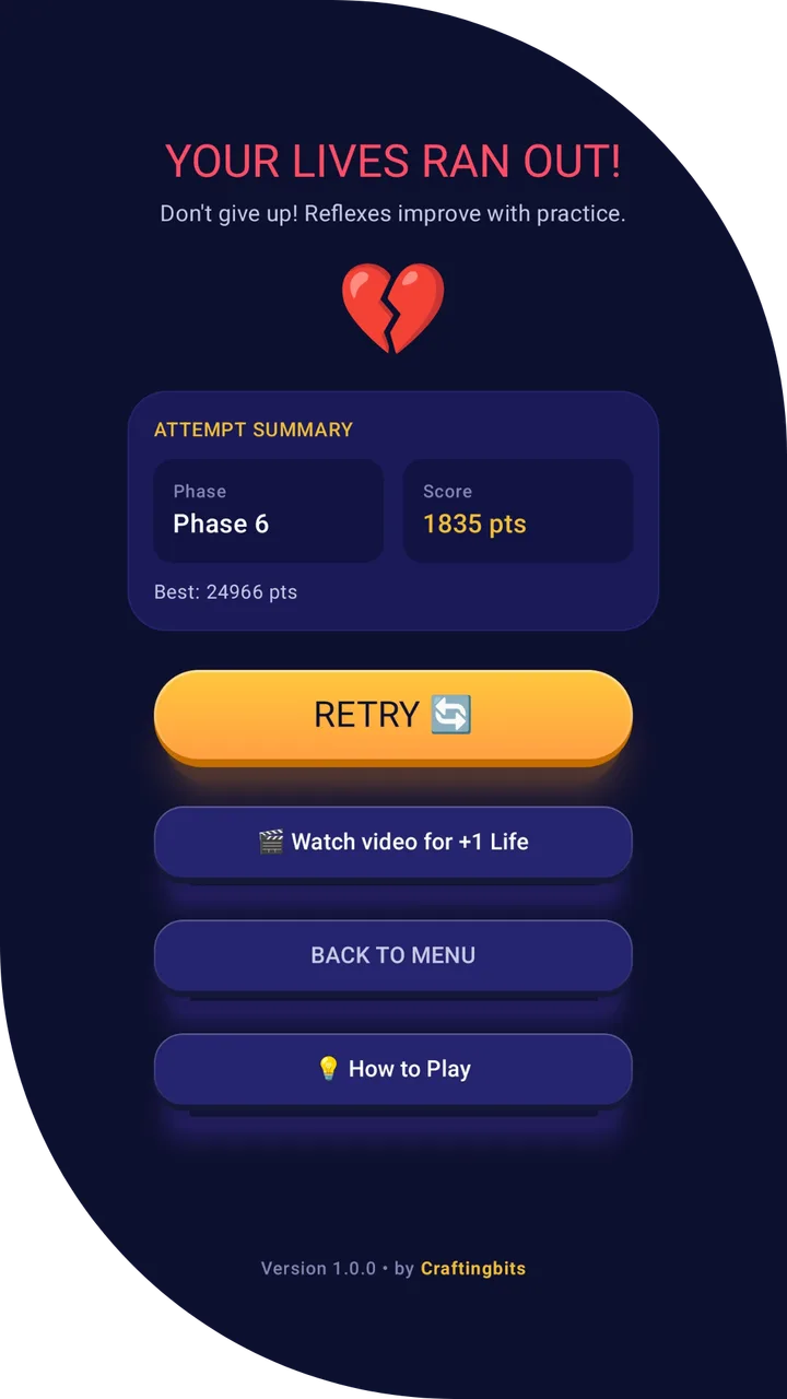 Tapzy attempt summary: phase reached, score, best record and the option to watch an ad for an extra life