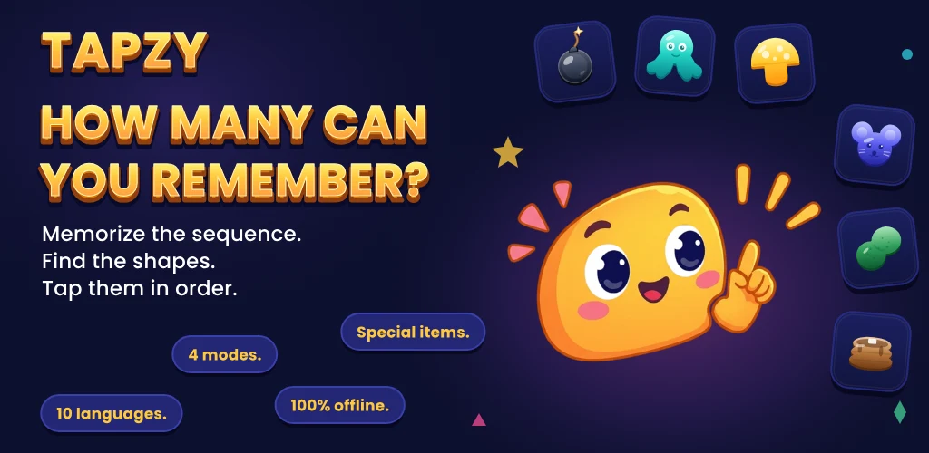 Tapzy — how many can you remember? Memorize the sequence, find the shapes and tap them in order