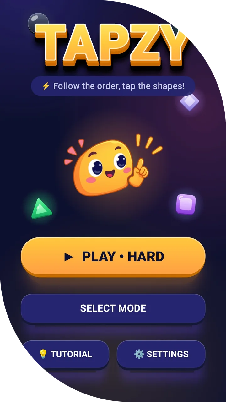 Tapzy main menu with the PLAY button, mode selection, tutorial and settings