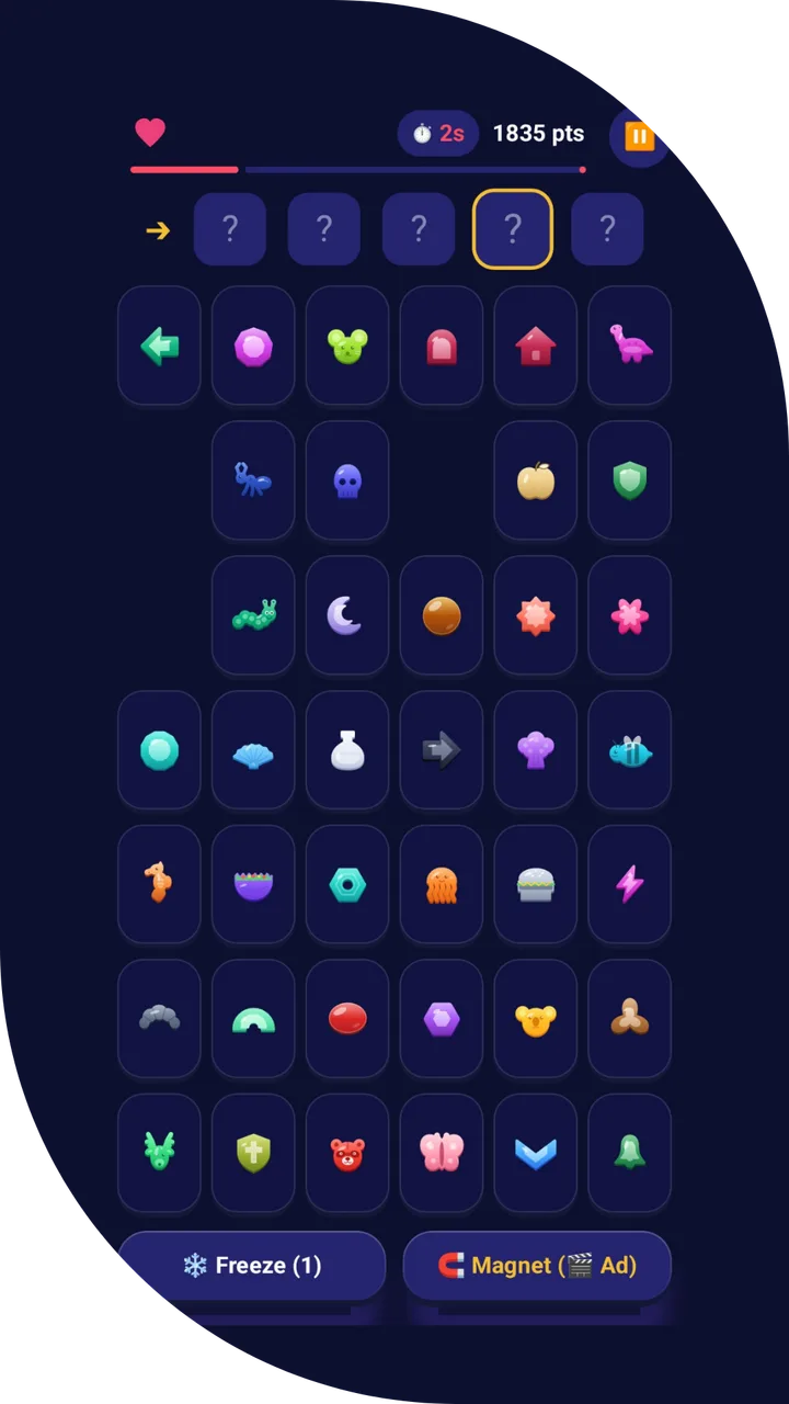 Tapzy Hard mode: the sequence carousel hides behind question marks and only one life remains