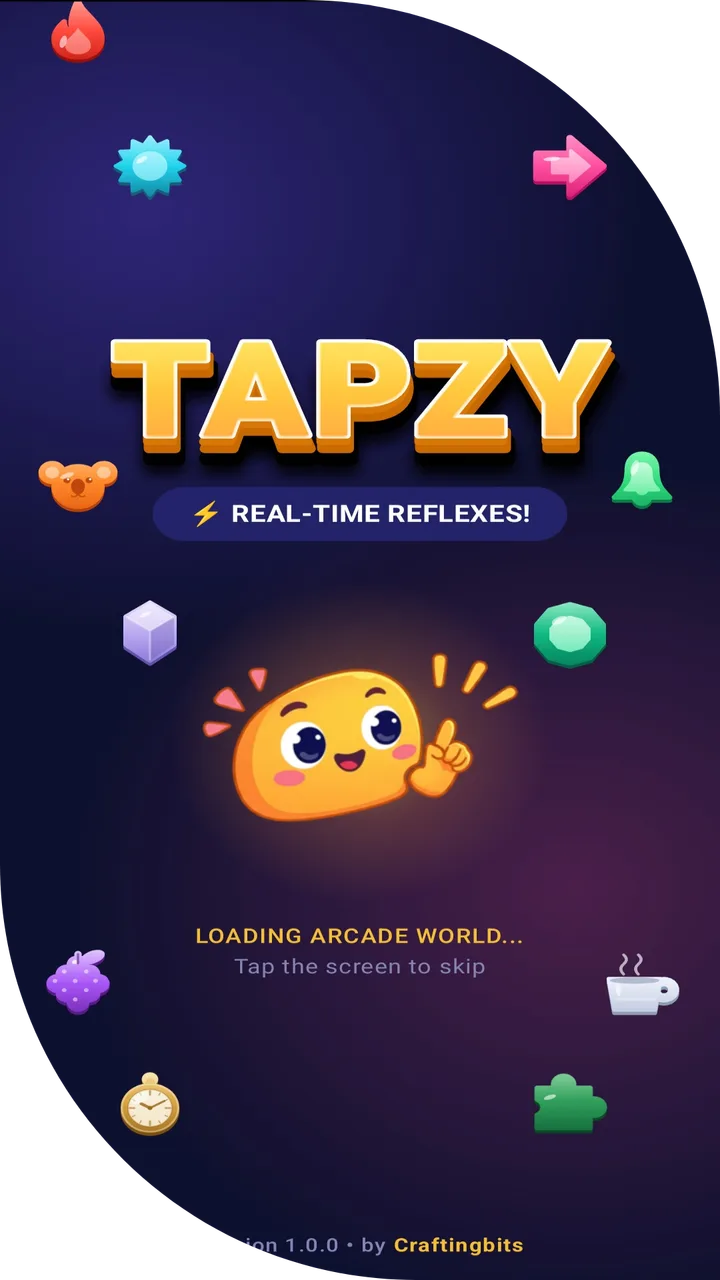 Tapzy loading screen "Real-time reflexes" with the mascot and floating figures