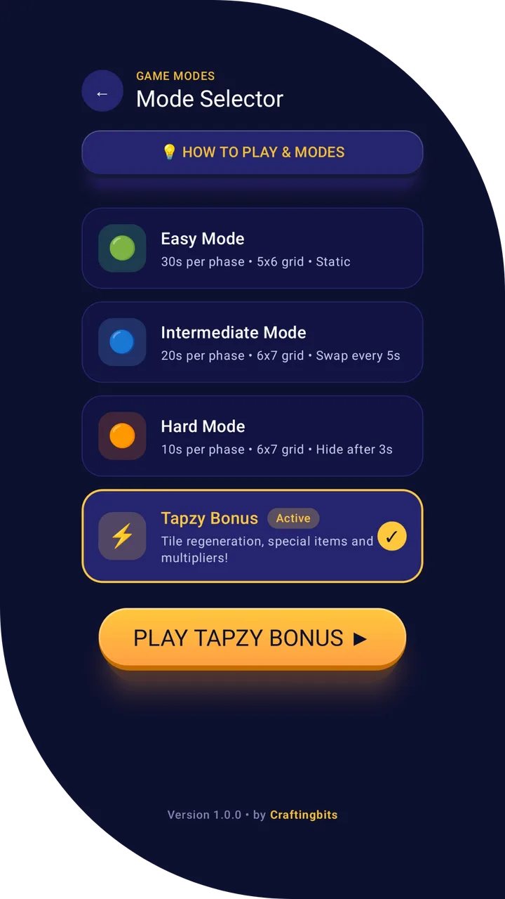 Tapzy mode selector: Easy, Intermediate, Hard and Tapzy Bonus