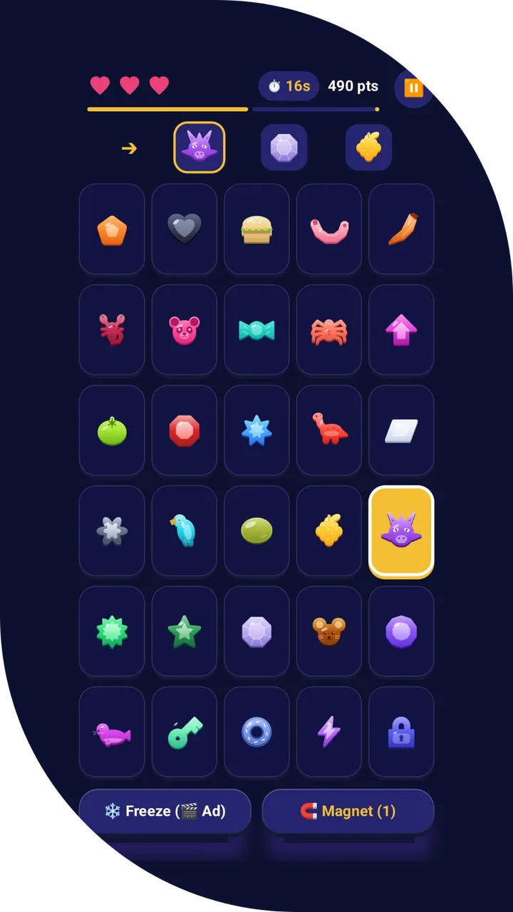 Tapzy gameplay: figure sequence, board, lives, time and score, with the Freeze and Magnet buttons